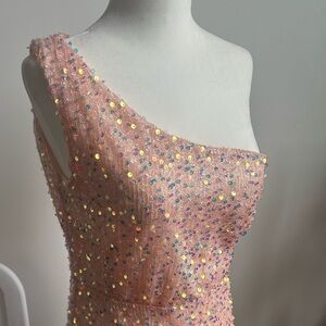 One shoulder SEQUIN pink long dress